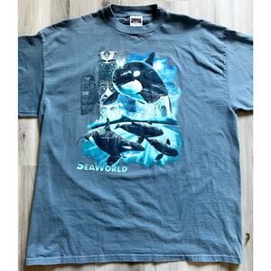 VNTG SeaWorld Orca Killer Whale Inuit Totem Themed Mens Blue T-Shirt Sz 2XL EUC